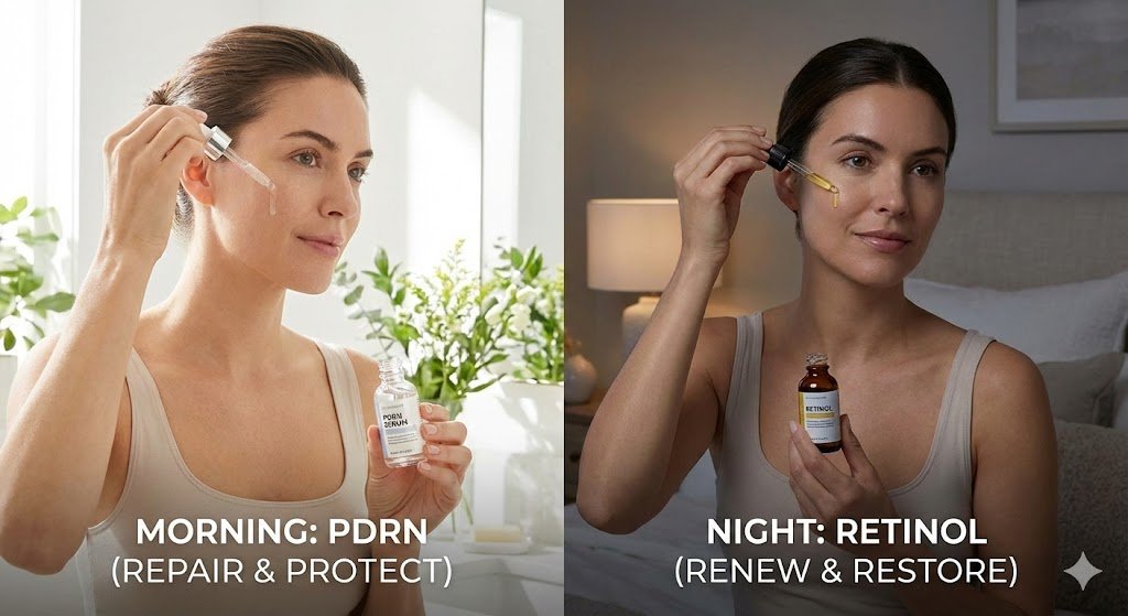 Split-screen demonstration showing a woman applying clear PDRN serum in a bright bathroom for her morning routine, contrasted with her applying yellowish retinol serum in a dimly lit bedroom for her nighttime routine