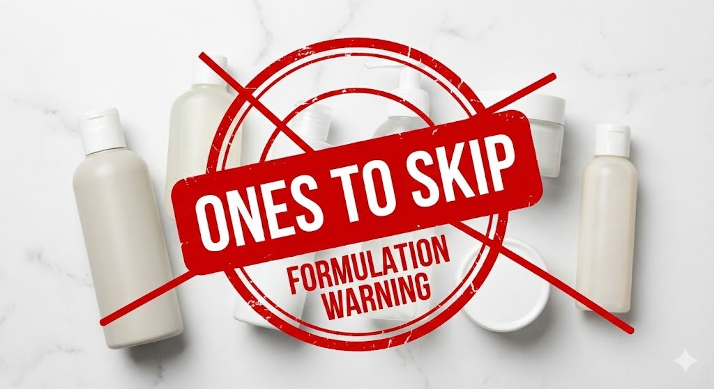 A warning graphic overlaying a photo of generic skincare bottles, featuring a large, red, distressed stamp with the text "ONES TO SKIP" and "FORMULATION WARNING," along with a large red 'X' crossing out the products