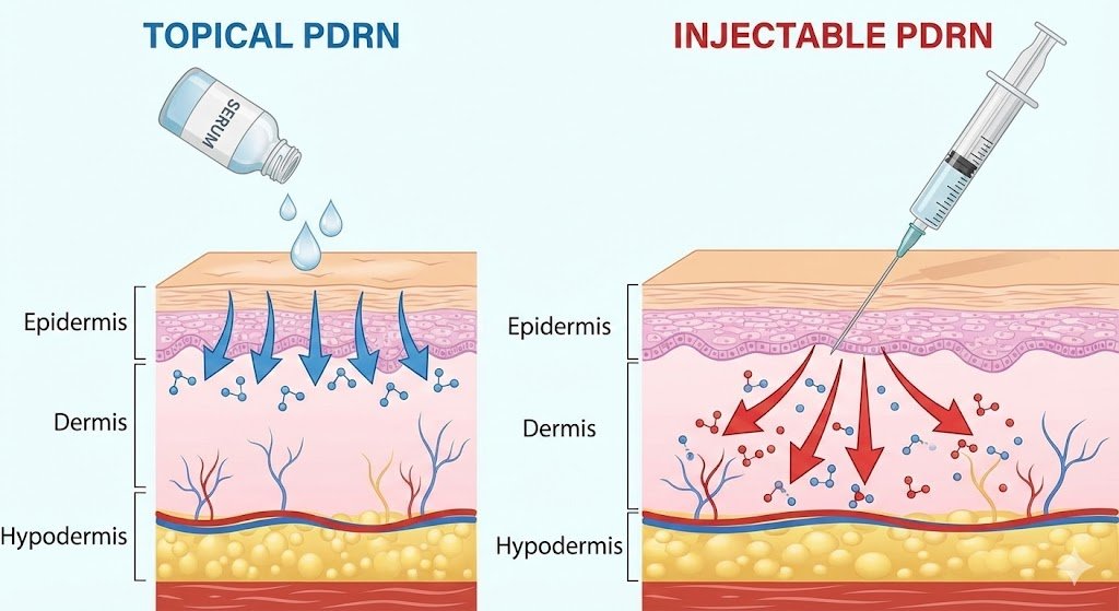 A medical illustration diagram comparing PDRN absorption. On the left, topical PDRN serum is shown penetrating only the epidermal layer. On the right, a syringe injects PDRN deep into the dermis and hypodermis skin layers