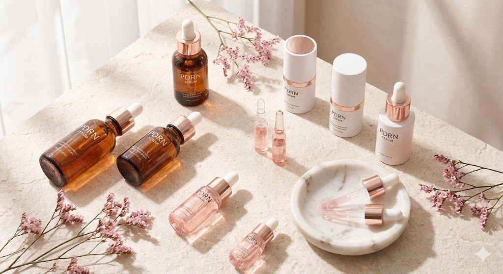 Hero flatlay photograph showing a curated collection of the best salmon DNA serum bottles and PDRN ampoules arranged on a stone surface with flowers