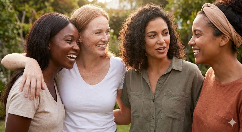 A candid, sunlit photograph of four smiling women of diverse ethnicities and ages embracing in a garden, representing a range of skin types and tones