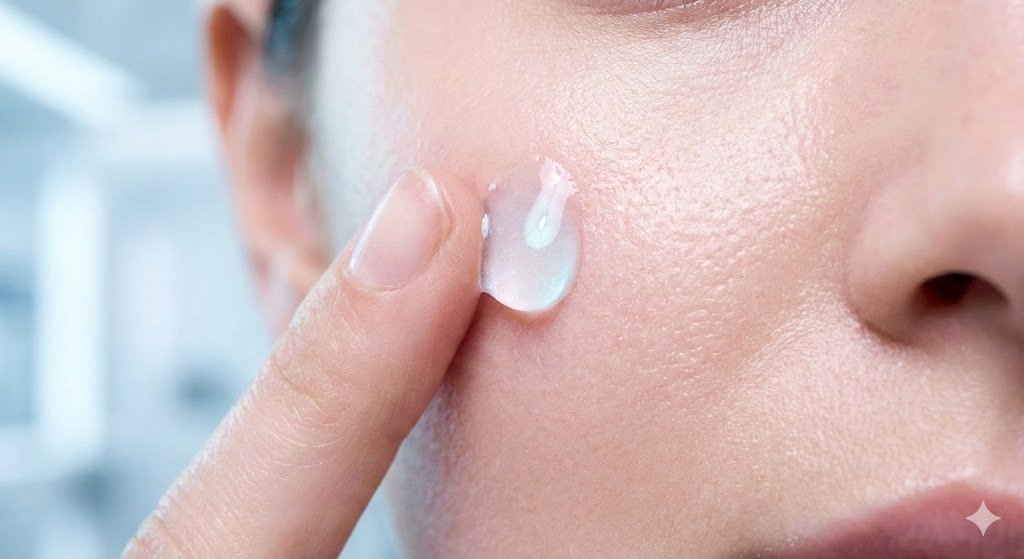 PDRN salmon DNA serum droplet on skin — close up