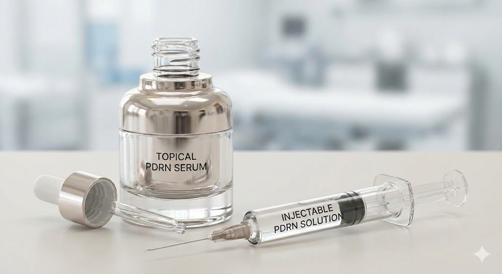 A side-by-side comparison of topical vs injectable PDRN on a clinical white surface.
